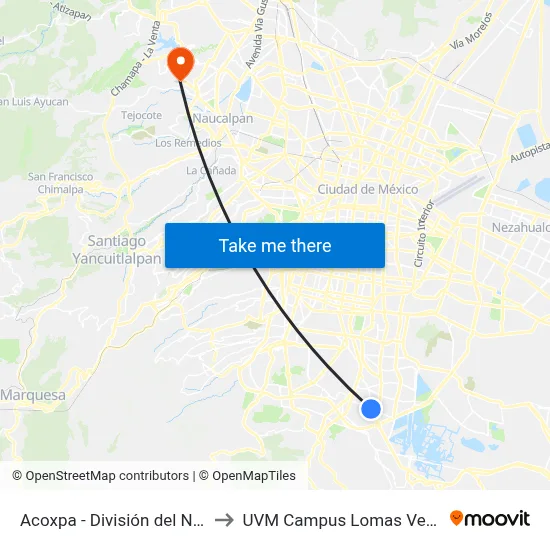 Acoxpa - División del Norte to UVM Campus Lomas Verdes map
