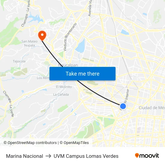 Marina Nacional to UVM Campus Lomas Verdes map