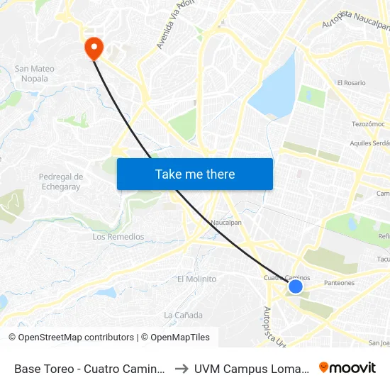 Base Toreo - Cuatro Caminos (Svbus) to UVM Campus Lomas Verdes map