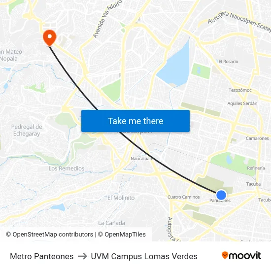 Metro Panteones to UVM Campus Lomas Verdes map