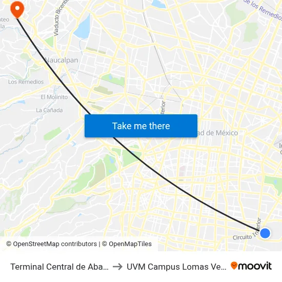 Terminal Central de Abastos to UVM Campus Lomas Verdes map
