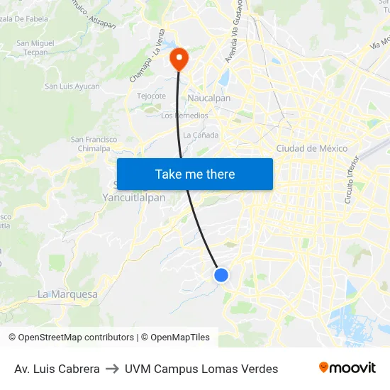 Av. Luis Cabrera to UVM Campus Lomas Verdes map