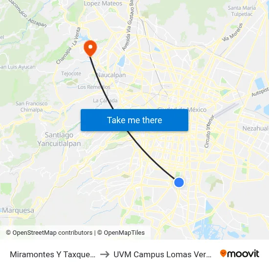 Miramontes Y Taxqueña to UVM Campus Lomas Verdes map