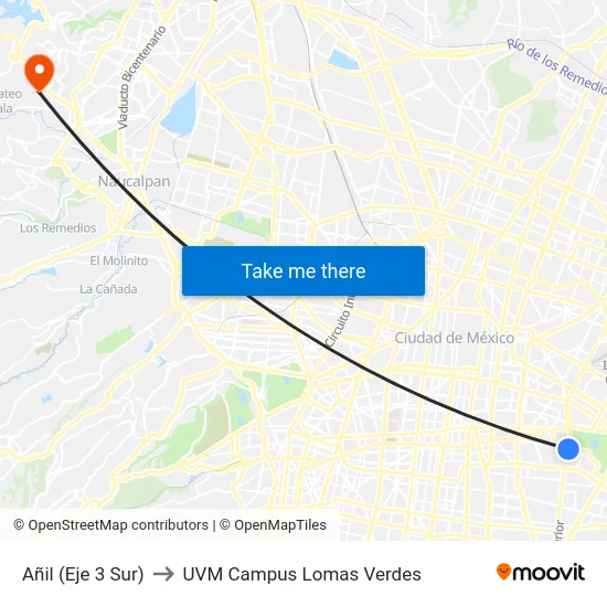 Añil (Eje 3 Sur) to UVM Campus Lomas Verdes map