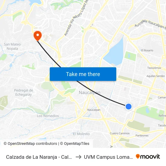 Calzada de La Naranja - Calz. Ahuizotla to UVM Campus Lomas Verdes map