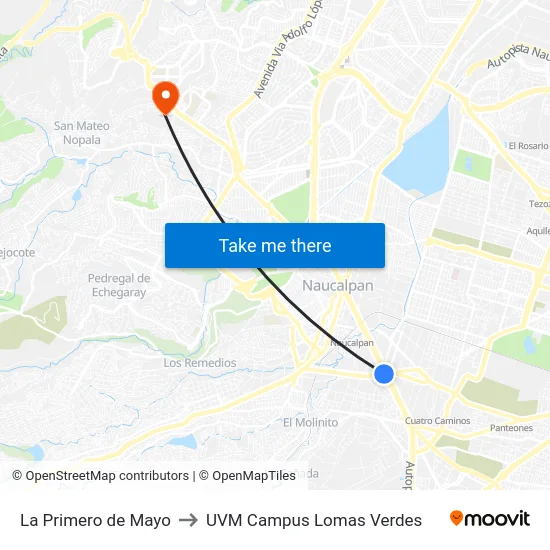 La Primero de Mayo to UVM Campus Lomas Verdes map