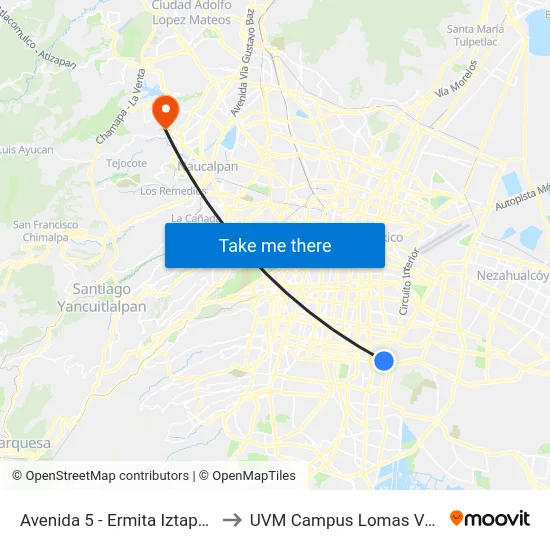 Avenida 5 - Ermita Iztapalapa to UVM Campus Lomas Verdes map