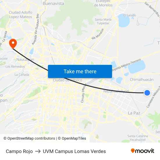 Campo Rojo to UVM Campus Lomas Verdes map