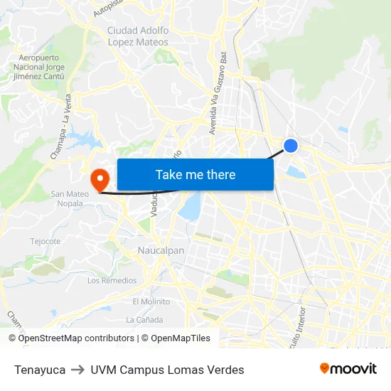 Tenayuca to UVM Campus Lomas Verdes map