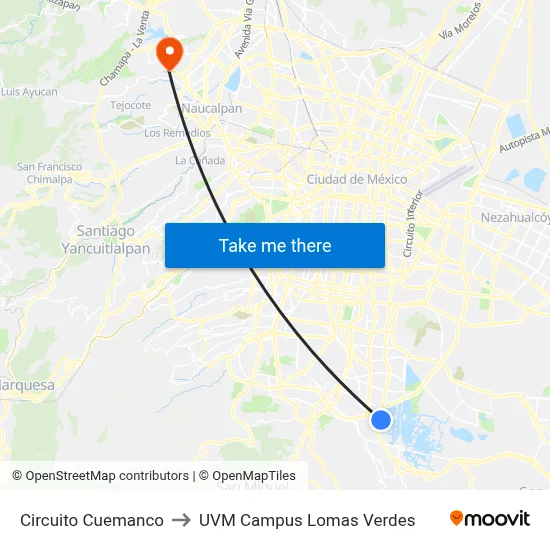 Circuito Cuemanco to UVM Campus Lomas Verdes map