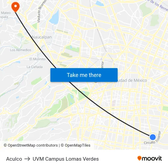 Aculco to UVM Campus Lomas Verdes map