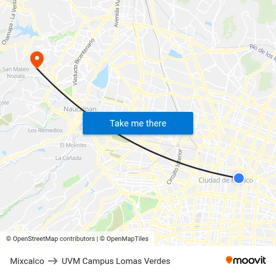 Mixcalco to UVM Campus Lomas Verdes map