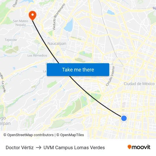 Doctor Vértiz to UVM Campus Lomas Verdes map