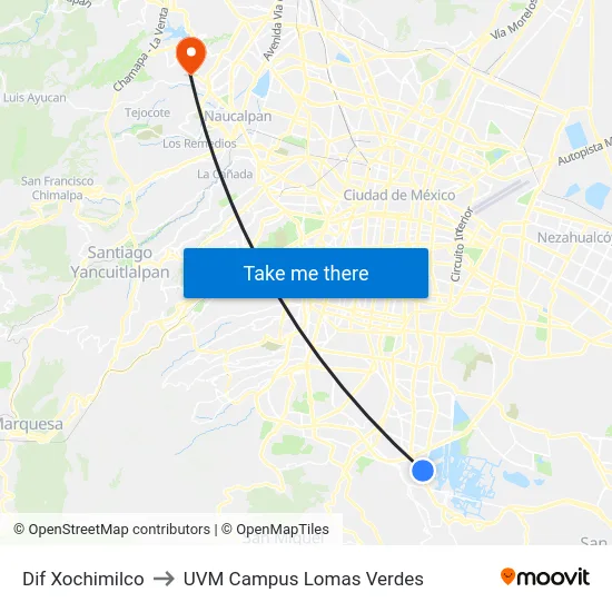 Dif Xochimilco to UVM Campus Lomas Verdes map