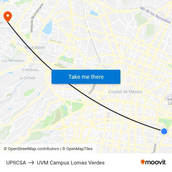 UPIICSA to UVM Campus Lomas Verdes map