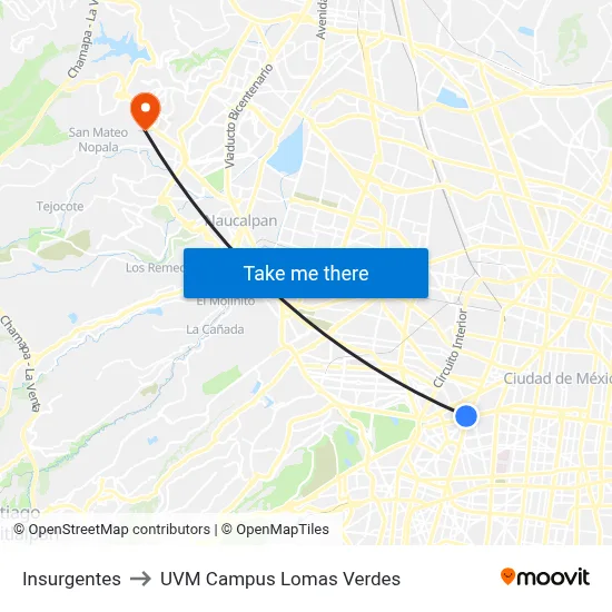 Insurgentes to UVM Campus Lomas Verdes map