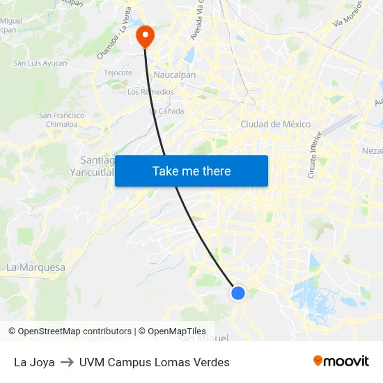 La Joya to UVM Campus Lomas Verdes map