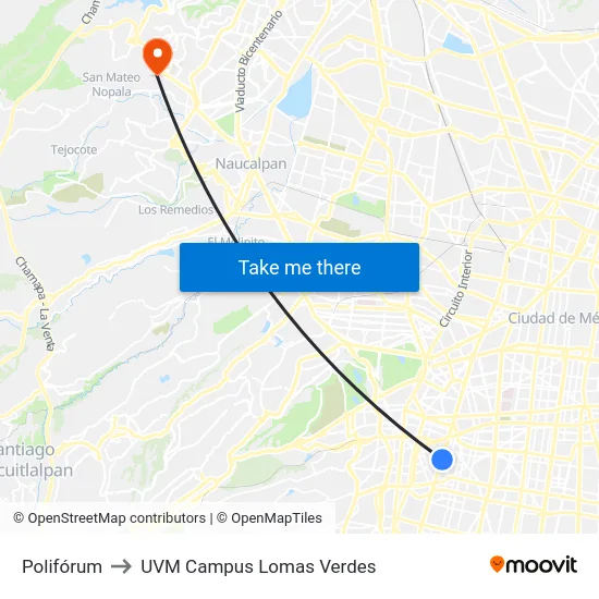 Polifórum to UVM Campus Lomas Verdes map