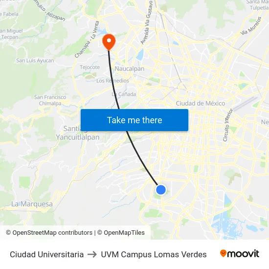 Ciudad Universitaria to UVM Campus Lomas Verdes map