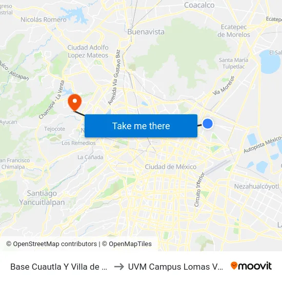 Base Cuautla Y Villa de Ayala to UVM Campus Lomas Verdes map