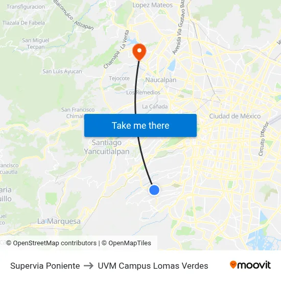 Supervia Poniente to UVM Campus Lomas Verdes map