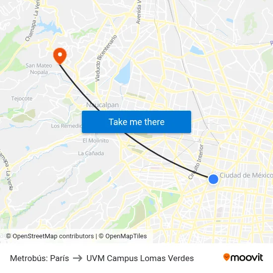 Metrobús: París to UVM Campus Lomas Verdes map