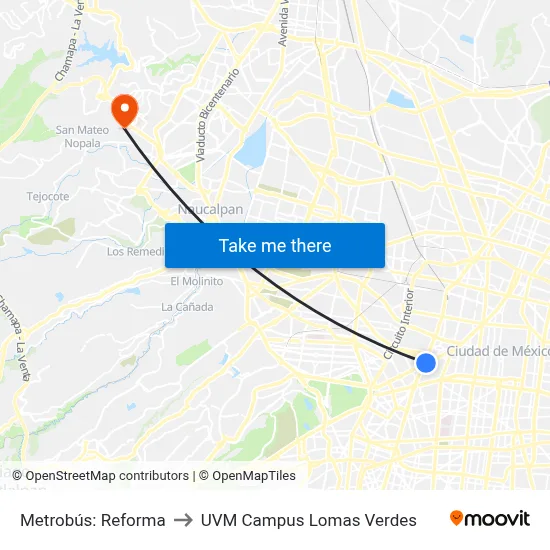 Metrobús: Reforma to UVM Campus Lomas Verdes map
