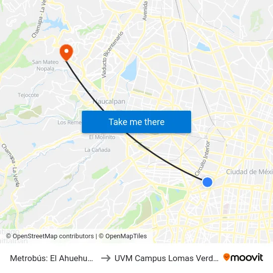Metrobús: El Ahuehuete to UVM Campus Lomas Verdes map