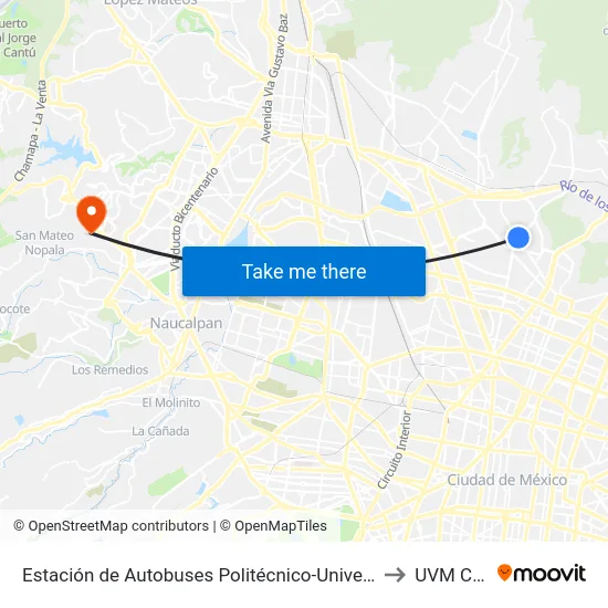 Estación de Autobuses Politécnico-Universidad Avenida Instituto Politécnico Nacional Zacatenco Gustavo A. Madero Cdmx 07340 México to UVM Campus Lomas Verdes map