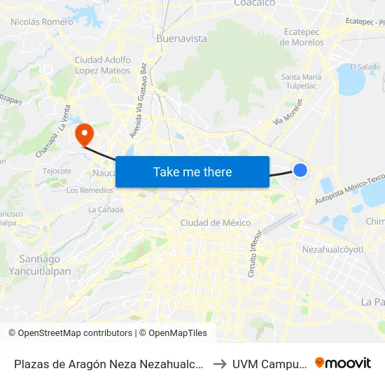 Plazas de Aragón Neza Nezahualcóyotl Estado de México 57120 México to UVM Campus Lomas Verdes map