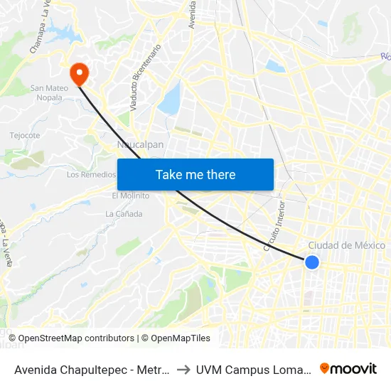 Avenida Chapultepec - Metro Balderas to UVM Campus Lomas Verdes map