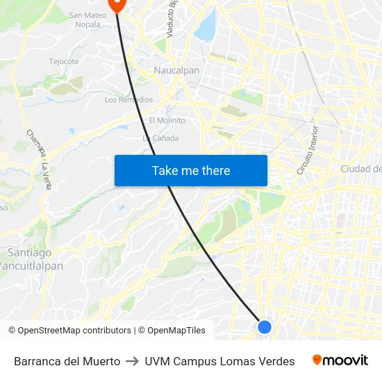 Barranca del Muerto to UVM Campus Lomas Verdes map