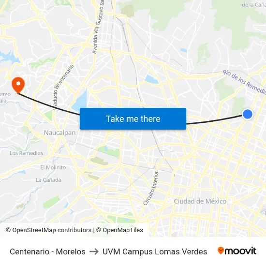 Centenario - Morelos to UVM Campus Lomas Verdes map