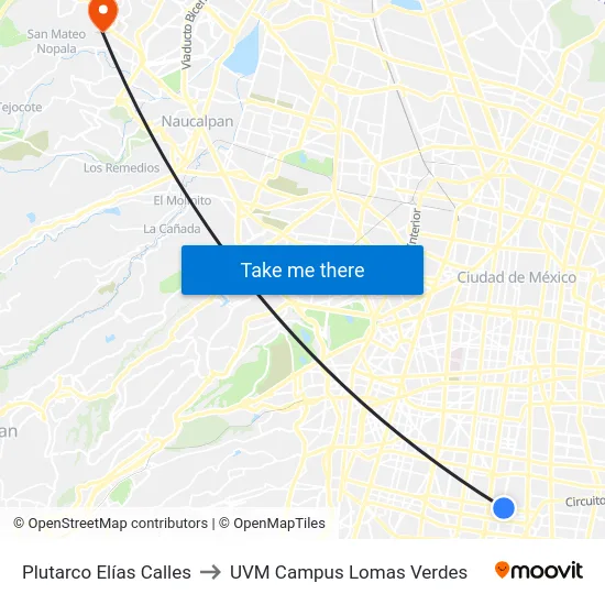 Plutarco Elías Calles to UVM Campus Lomas Verdes map