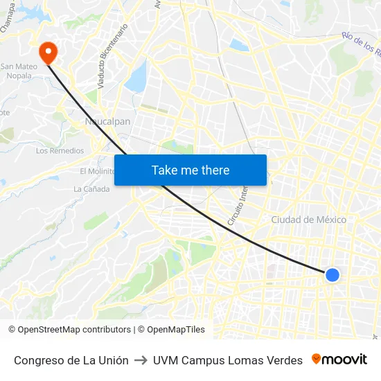 Congreso de La Unión to UVM Campus Lomas Verdes map