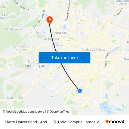 Metro Universidad - Anden B to UVM Campus Lomas Verdes map