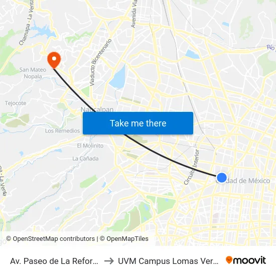 Av. Paseo de La Reforma to UVM Campus Lomas Verdes map