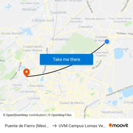 Puente de Fierro (Mexibús) to UVM Campus Lomas Verdes map