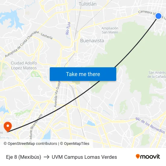 Eje 8 (Mexibús) to UVM Campus Lomas Verdes map