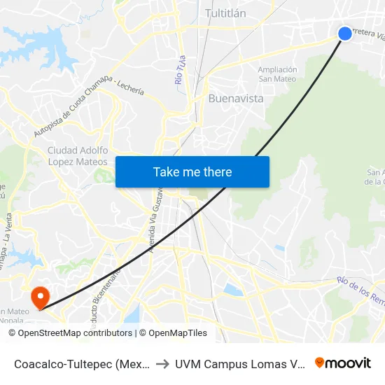 Coacalco-Tultepec (Mexibús) to UVM Campus Lomas Verdes map