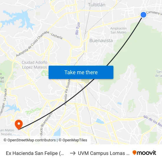 Ex Hacienda San Felipe (Mexibús) to UVM Campus Lomas Verdes map