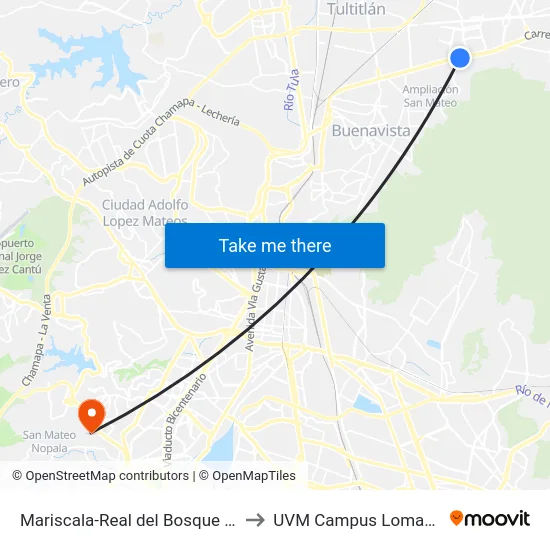 Mariscala-Real del Bosque (Mexibús) to UVM Campus Lomas Verdes map