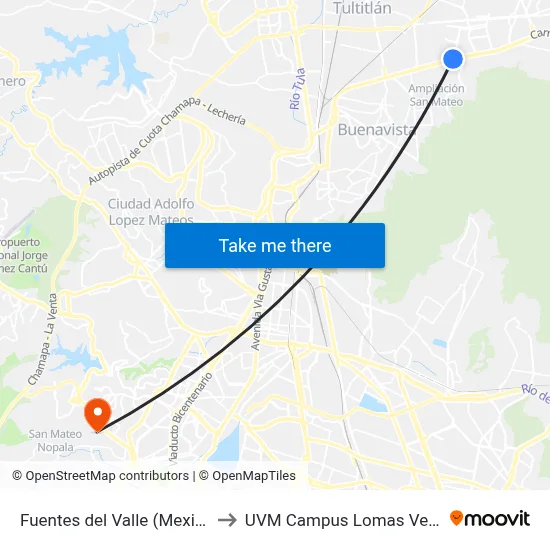 Fuentes del Valle (Mexibús) to UVM Campus Lomas Verdes map