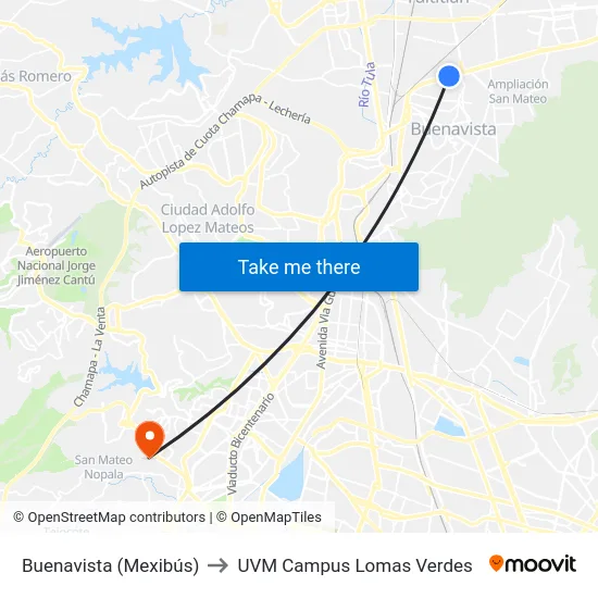 Buenavista (Mexibús) to UVM Campus Lomas Verdes map