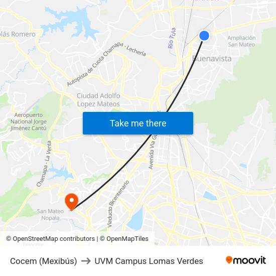 Cocem (Mexibús) to UVM Campus Lomas Verdes map