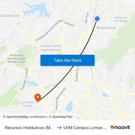 Recursos Hidráulicos (Mexibús) to UVM Campus Lomas Verdes map