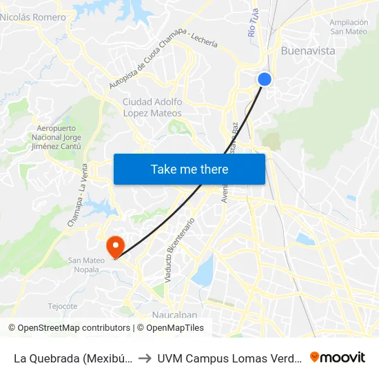La Quebrada (Mexibús) to UVM Campus Lomas Verdes map