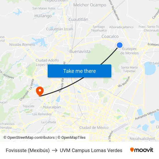 Fovissste (Mexibús) to UVM Campus Lomas Verdes map