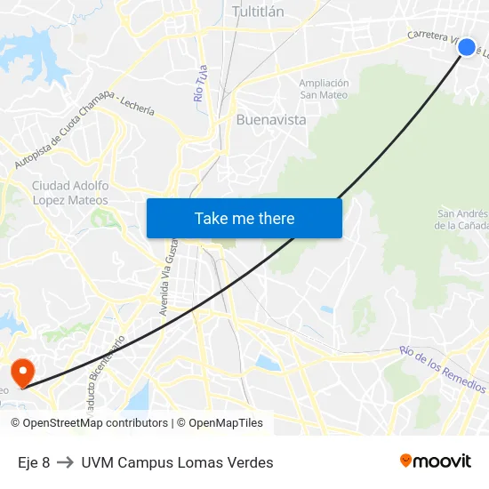 Eje 8 to UVM Campus Lomas Verdes map