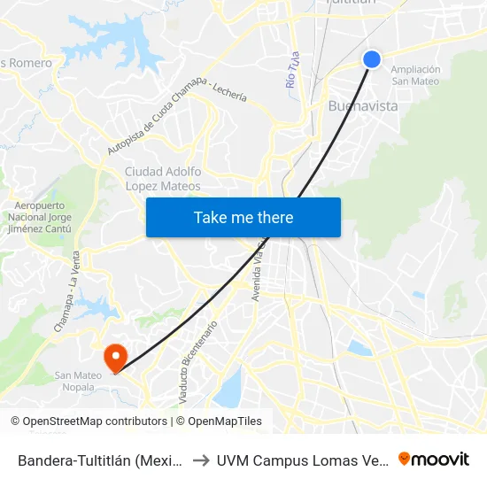 Bandera-Tultitlán (Mexibús) to UVM Campus Lomas Verdes map